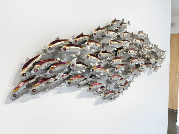 Baitfish school heated treated multi colour on our D shape canvas